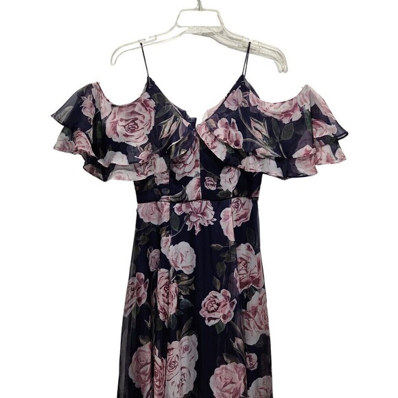 FAME and Partners Navy Floral Cold Shoulder Flowy Maxi Dress Gown, 4 - Picture 4 of 13